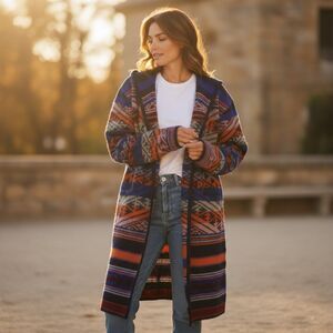 Peruvian Connection Blanket Coat Sz 22 Hooded  Coat Blue Orange Aztec Boho MINT!